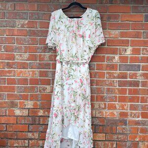 Vintage 20W White Flowy Midi Dress Pink and Green Floral Lined JH Collectibles